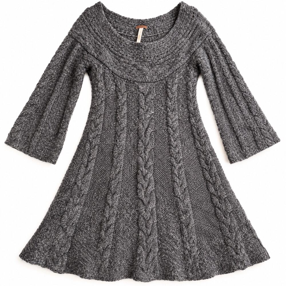 Free People M Gray Cable Knit Sweater Dress Wool Blend A Line Boho